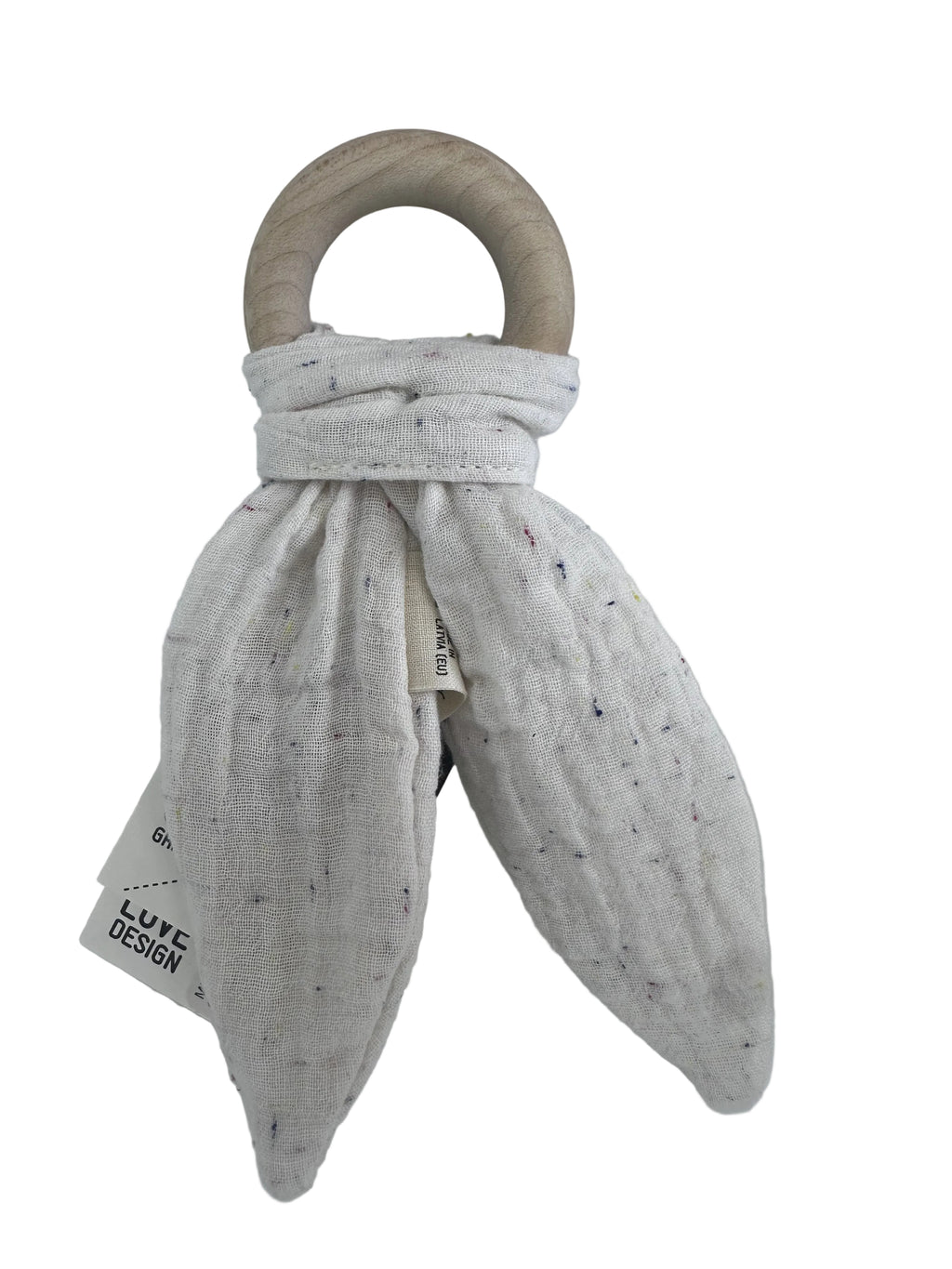 Orecchie in Mussola con Annello di Legno per la Dentizione-gots- Wooly Organic