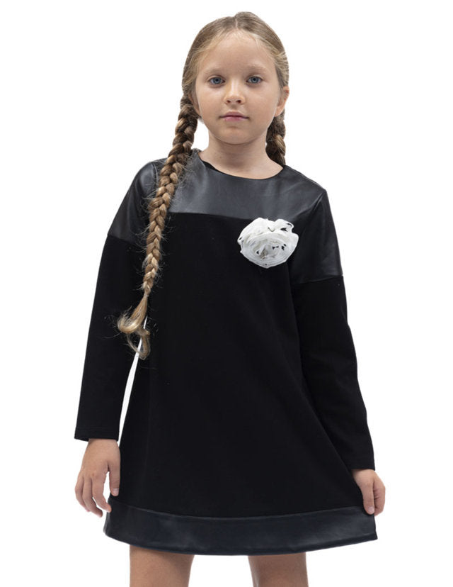 ABITO PUNTO MILANO E PELLE CON ROSA APPLICATA - "PUNTO MILANO60% VISCOSA 35% NYLON 5% SPANDEXECOPELLE60% POLIURETANO 40% POLIESTERE  SPILLA FIORE 100% POLIESTERE"