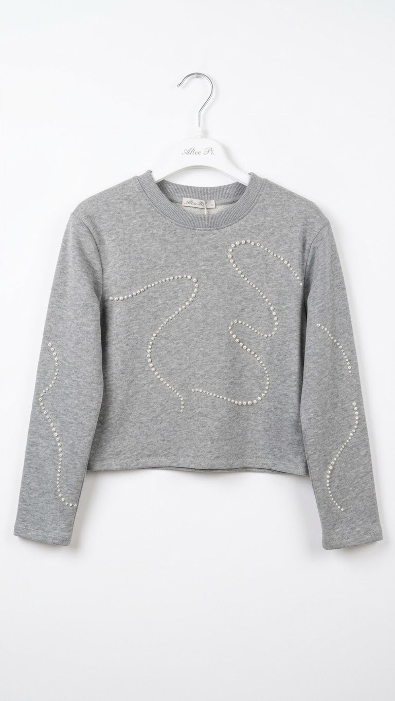 Felpa Girocollo Cropped con Applicazione Perline Ragazza Grigio Melange Alice Pi
