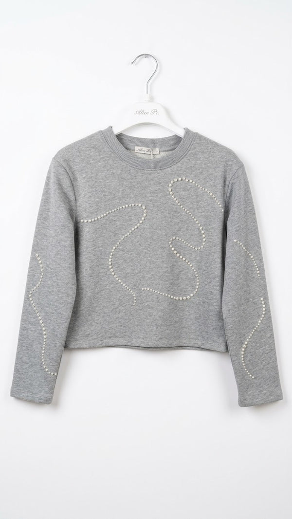 Felpa Girocollo Cropped con Applicazione Perline Ragazza Grigio Melange Alice Pi