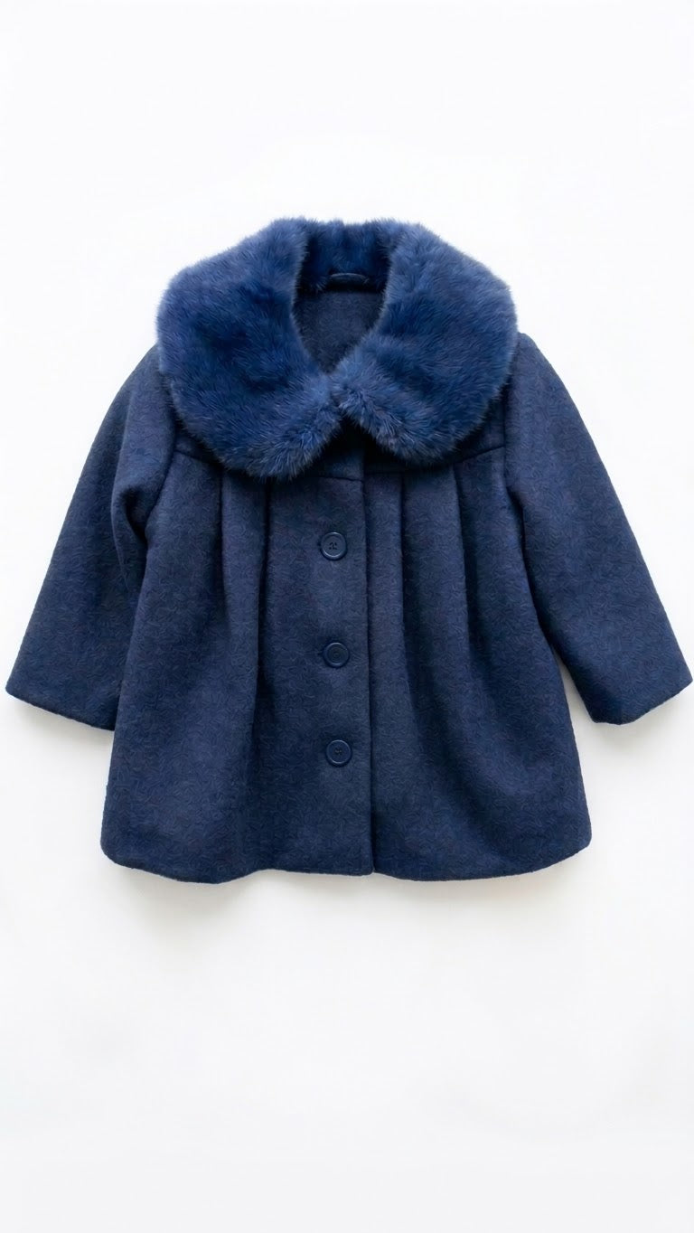 Cappotto in Panno con Collo in Pelliccia Neonata Blu Alice Pi