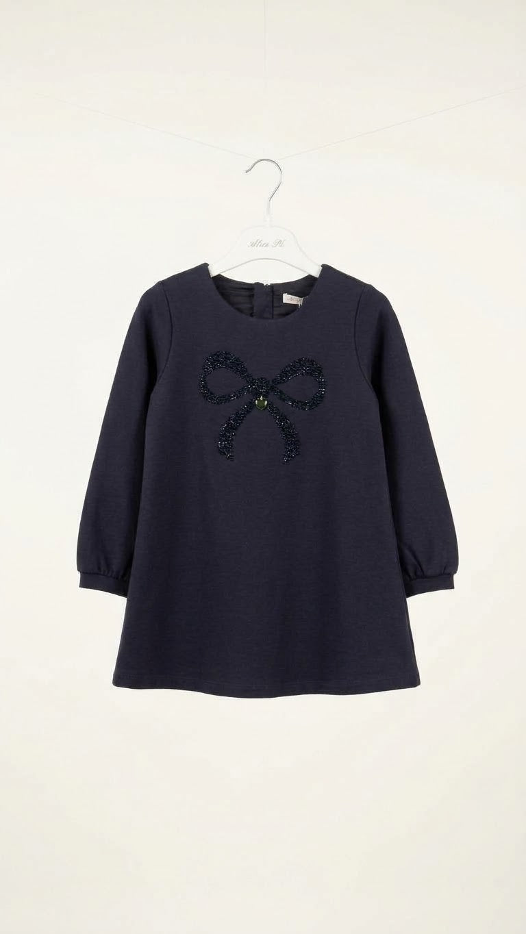 Abito a Trapezio in Punto Milano con Applicazione Strass Neonata Blu Alice Pi
