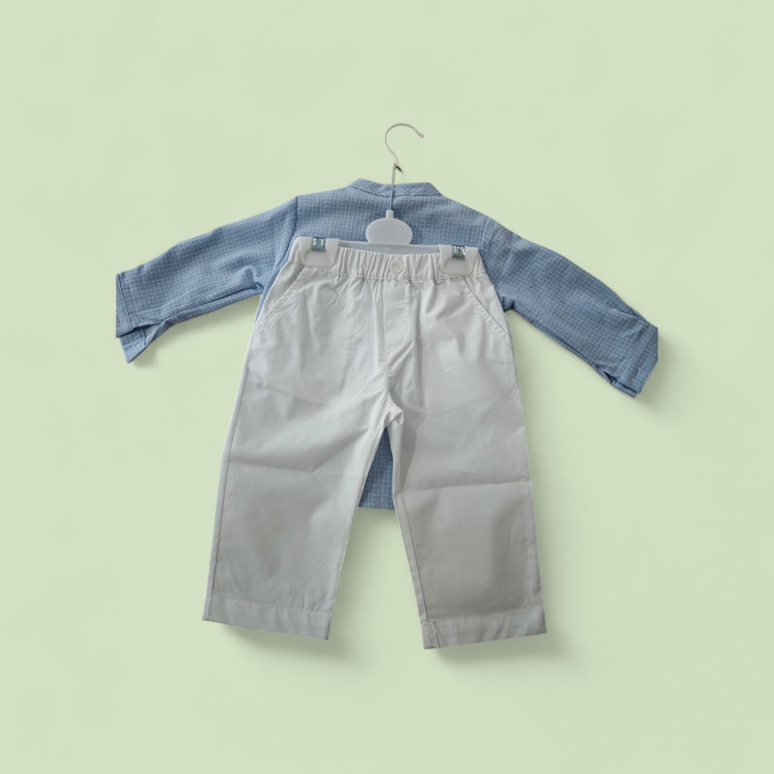CAMICIA CELESTE+ PANTALONE BIANCO NEONATO LALALU'