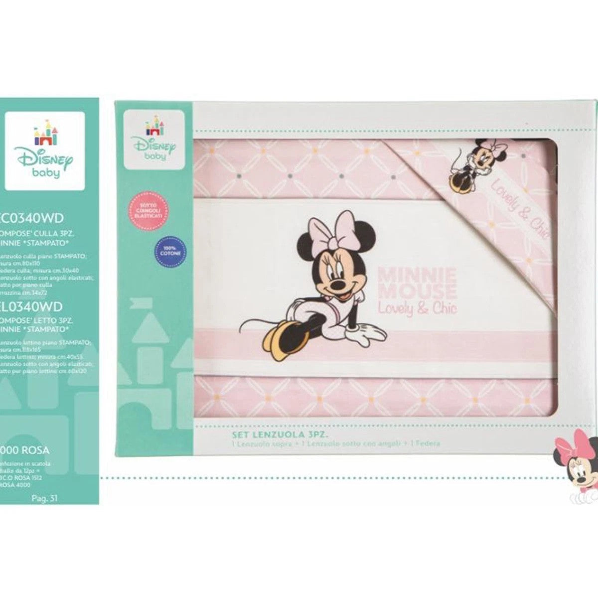 Set Culla-passeggino 3 Pz Disney Minnie (34X72) 1 Lenzuolo Piano Sopra 1 Federa